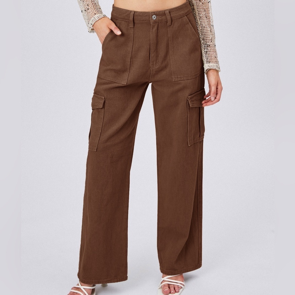 Cider Women’s Mid Rise Cargo Jeans in Brown | Alessia Solid Cargo Jeans NWT